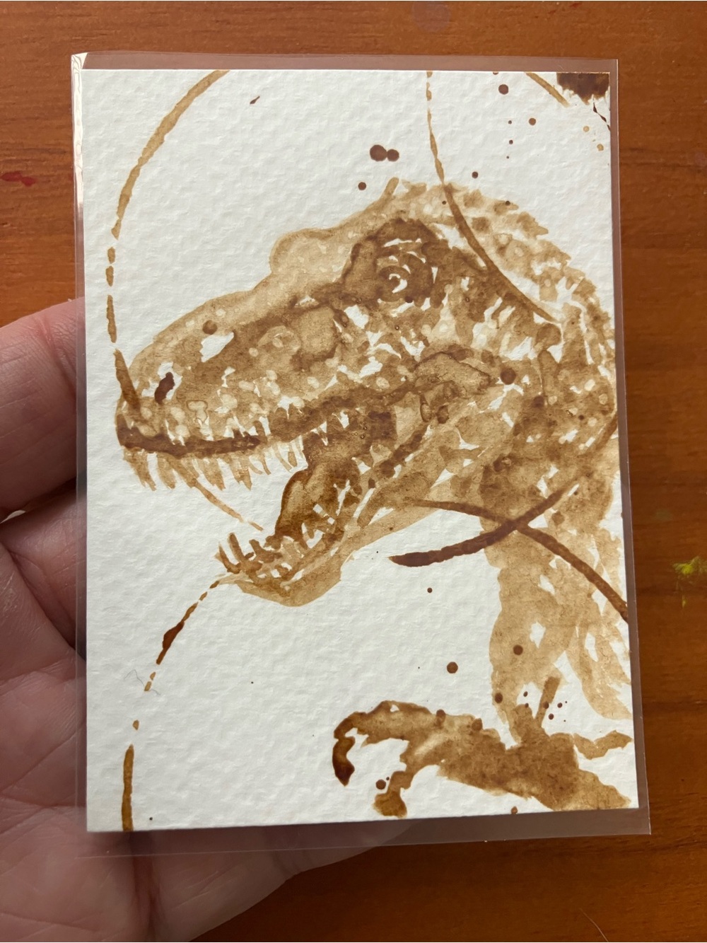 Aceo original coffee Trex dinosaur painting arc Dino gift art Jurassic EAE